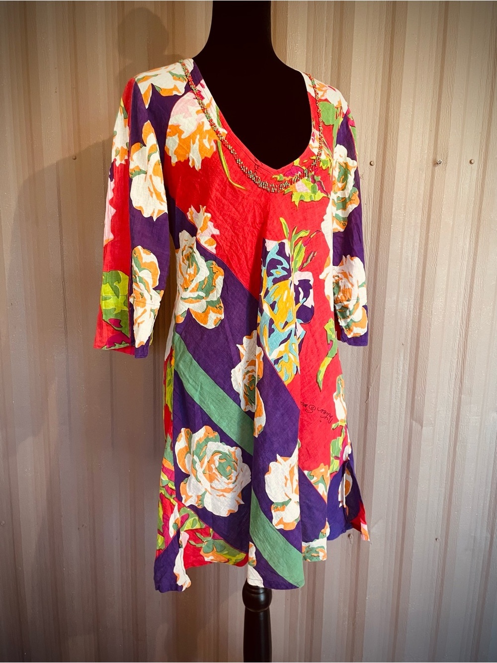 Antica Sartoria Giacomo Cinque Tunic Dress Gauzy Floral Stripe Beaded Logo S